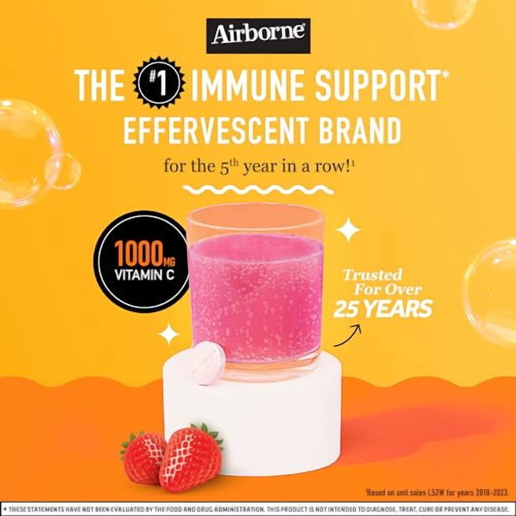 Airborne 1000mg Vitamin C with Zinc, SUGAR FREE Effervescent Tablets, Immune Support Supplement with Powerful Antioxidants Vitamins A C & E - 30 Fizzy Drink Tablets, Very Berry Flavor