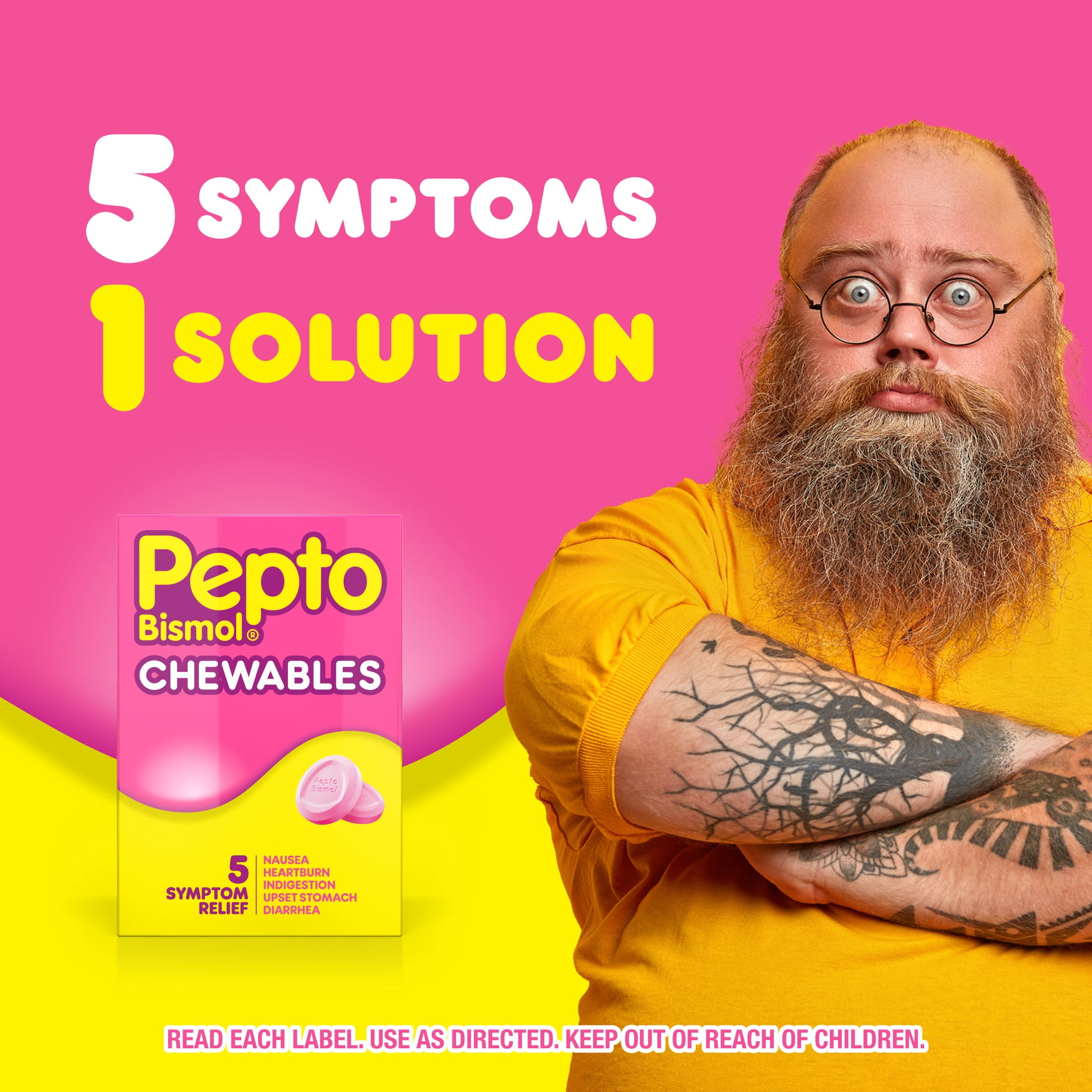 Pepto Bismol Chewable Tablets, Upset Stomach Relief, Anti Diarrheal, 12 Count