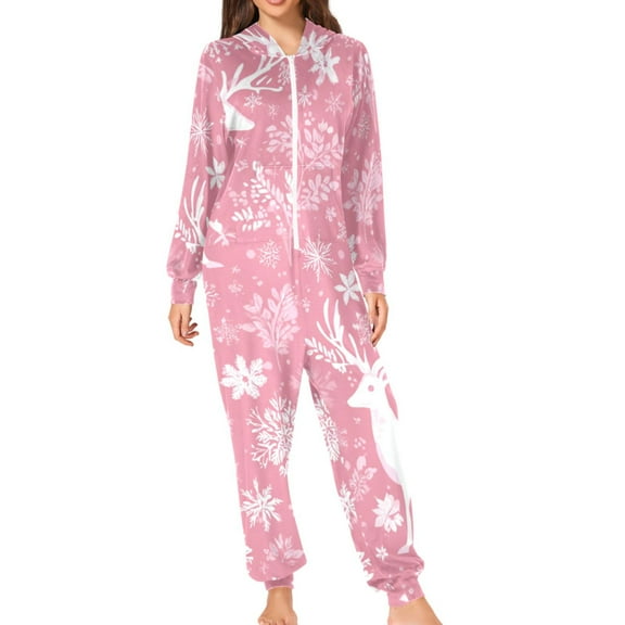 Pink Christmas Snowflakes Reindeer Adult's Hoodie Onesie Jumpsuit One-Piece Pajamas with Zipper Unisex for Holiday S