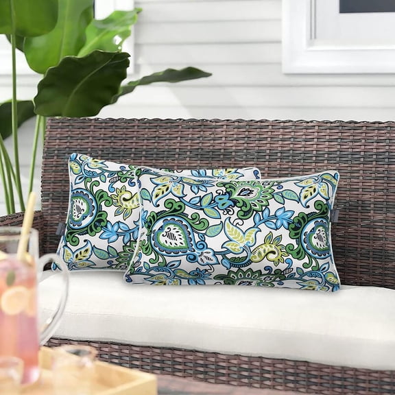 Outdoor Waterproof Lumbar Rectangular Throw Pillow with Insert 12x20 Inch Botanical Blue Green