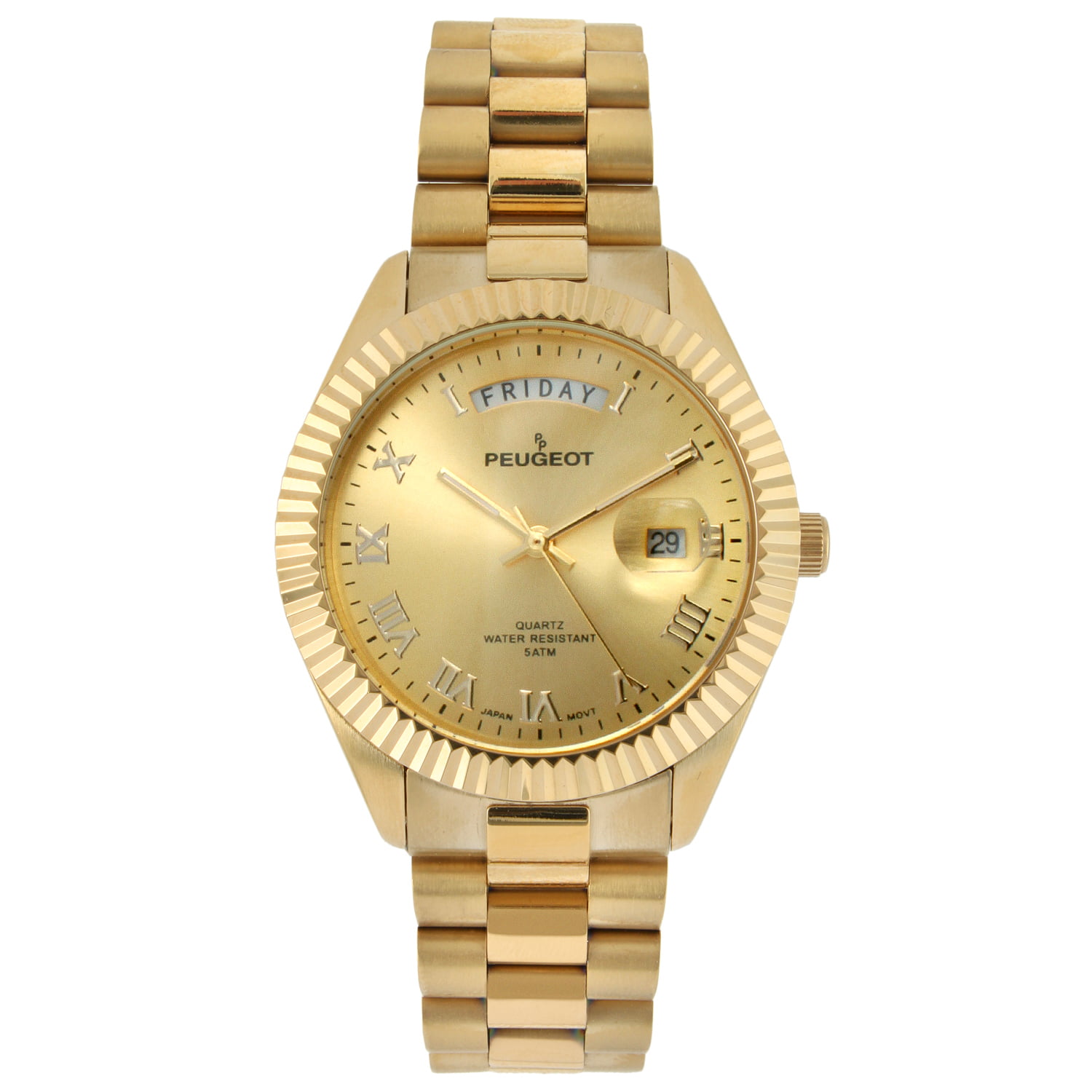 Peugeot - 14K All Gold-Plated Day Date Roman Numeral Stainless Steel ...