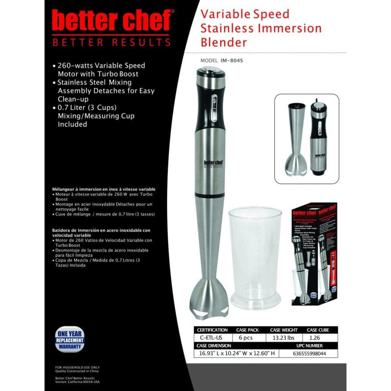 Better Chef  Better Chef 260W Variable Speed Stainless Steel Immersion Blender with Cup