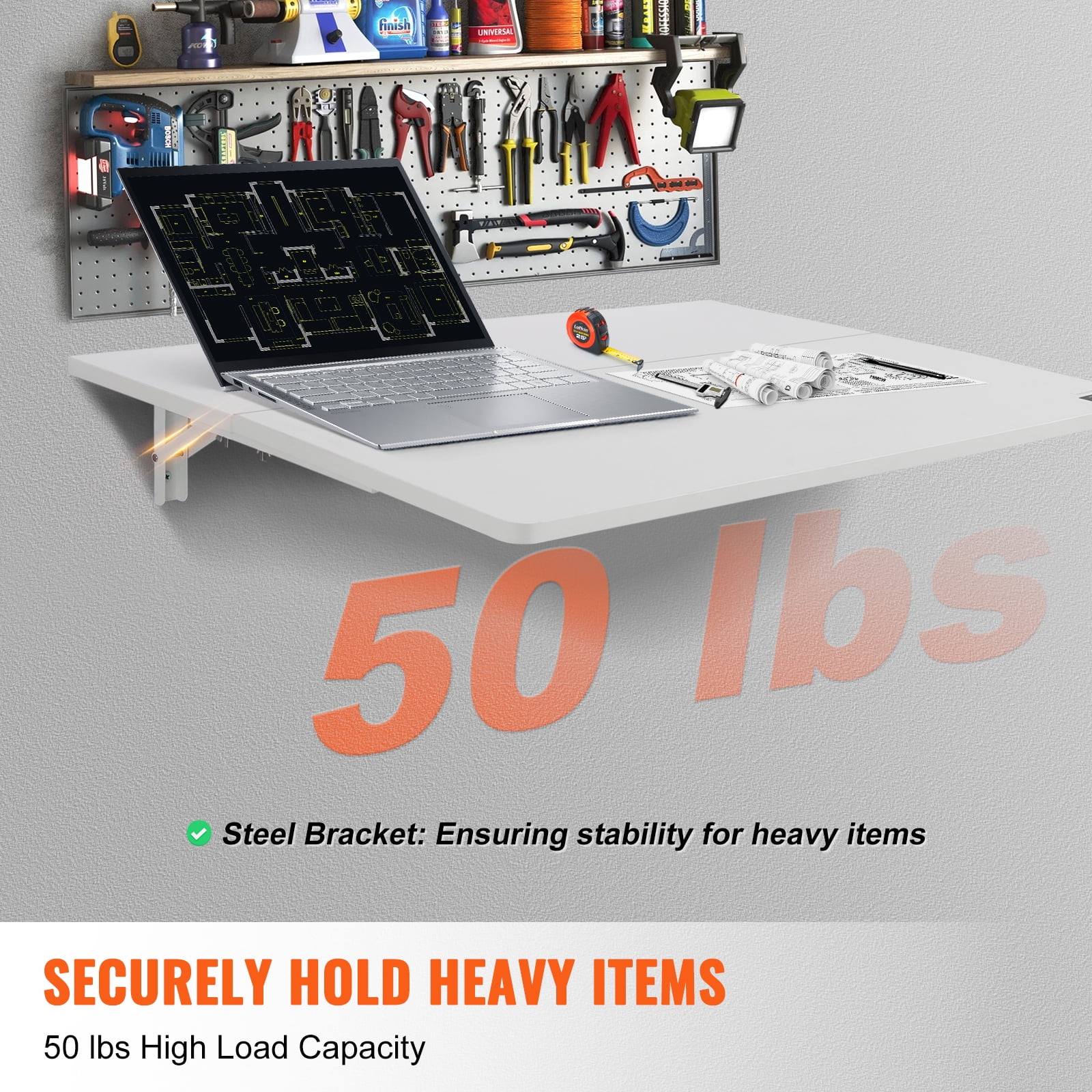 KFFKFF Wall-Hanging Foldable Desk, 31.5" x 19.69" Space-Saving Drop-Leaf Table, Floating Workstation with Metal Support, Versatile Fold-Up Desk for Compact Areas, Ideal for Home Office, Kitchen