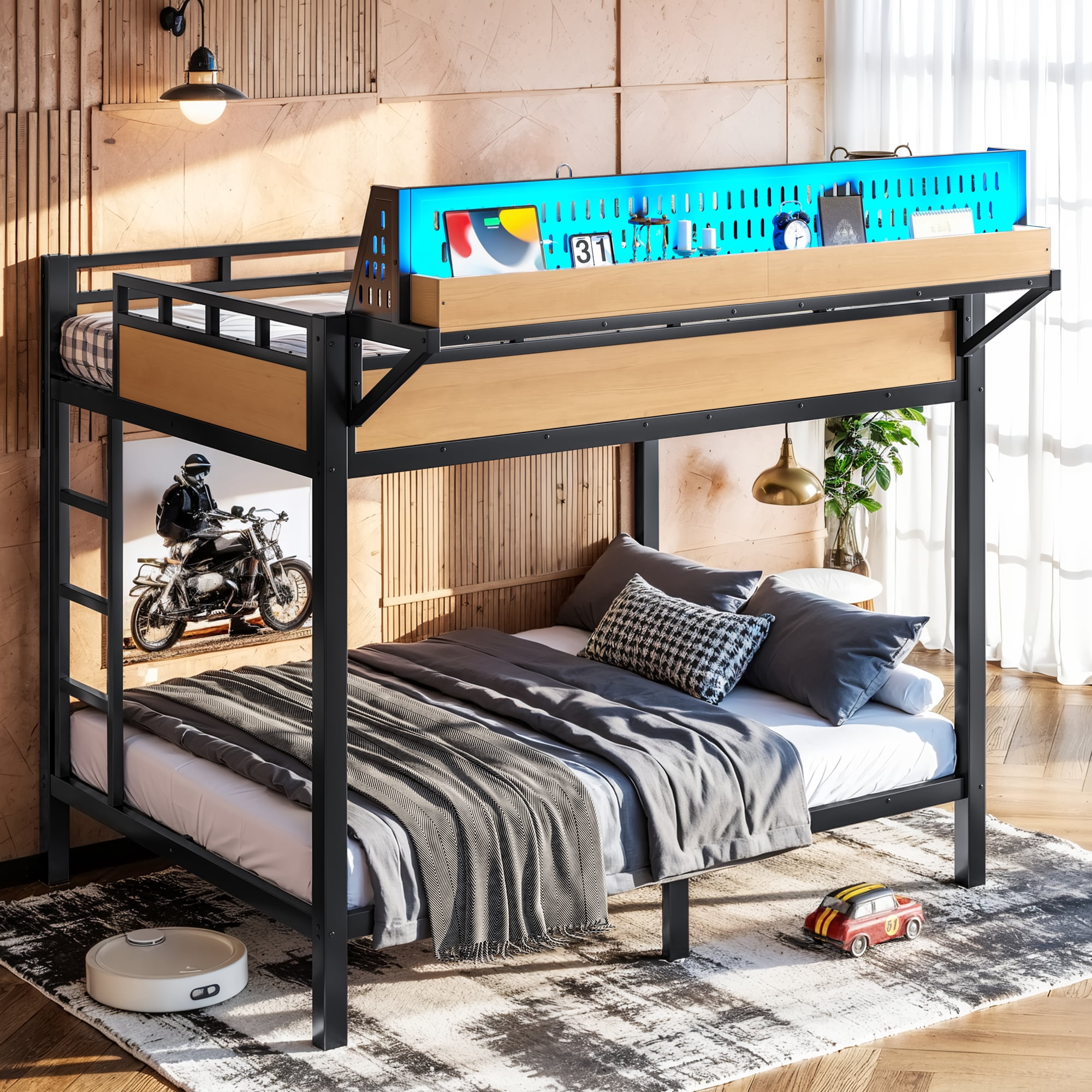 Mintazer Full Over Full Bunk Bed with Storage Shelves and Pegboard, Metal Bunk Bed Frame with LED Lights & Charging Station for Bedroom Guest Room, Black & Brown