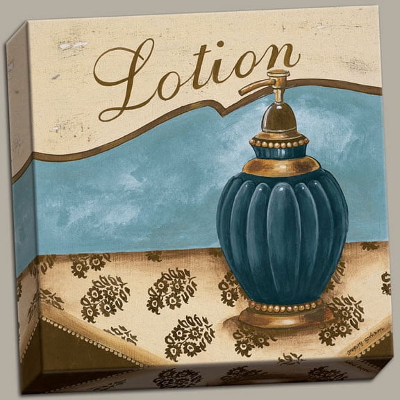 Elegant Blue/Teal and Tan Make-Up Room Lotion Canvas; One 12x12in Stretched Canvas (Intentional Smudges/Wear Marks)