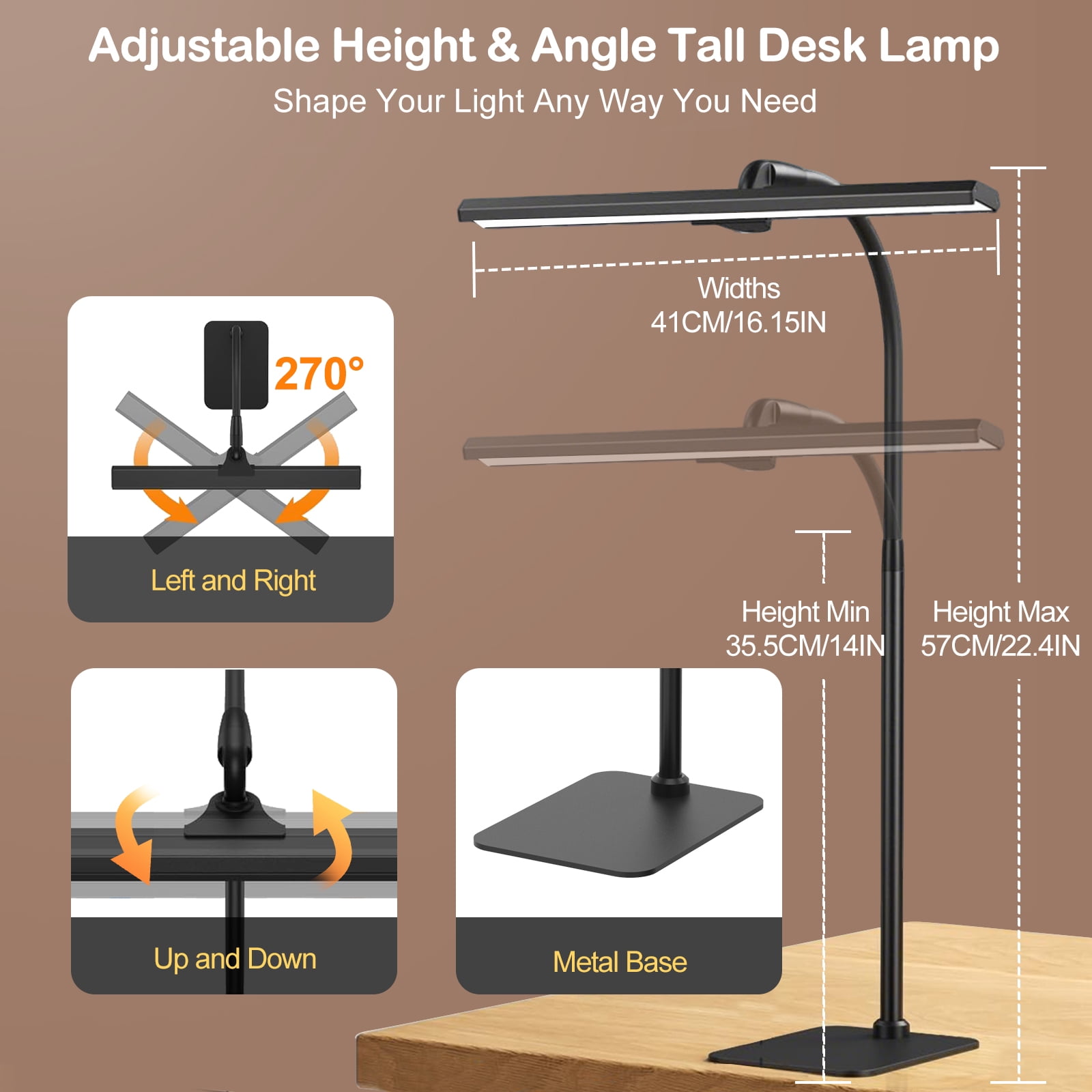 Lococo LED Desk Lamp, Tall Gooseneck, 5-Level Dimmable Brightness & Color for Home Office