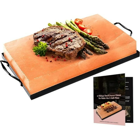 Himalayan Salt Block Cooking Plate 12x8x1.5 for Cooking, Grilling, Cutting and Serving, Food Grade Rock Salt Stone with Steel Tray & Recipe Pamphlet Unique Gifts for Men, Women, Chefs & Cooks