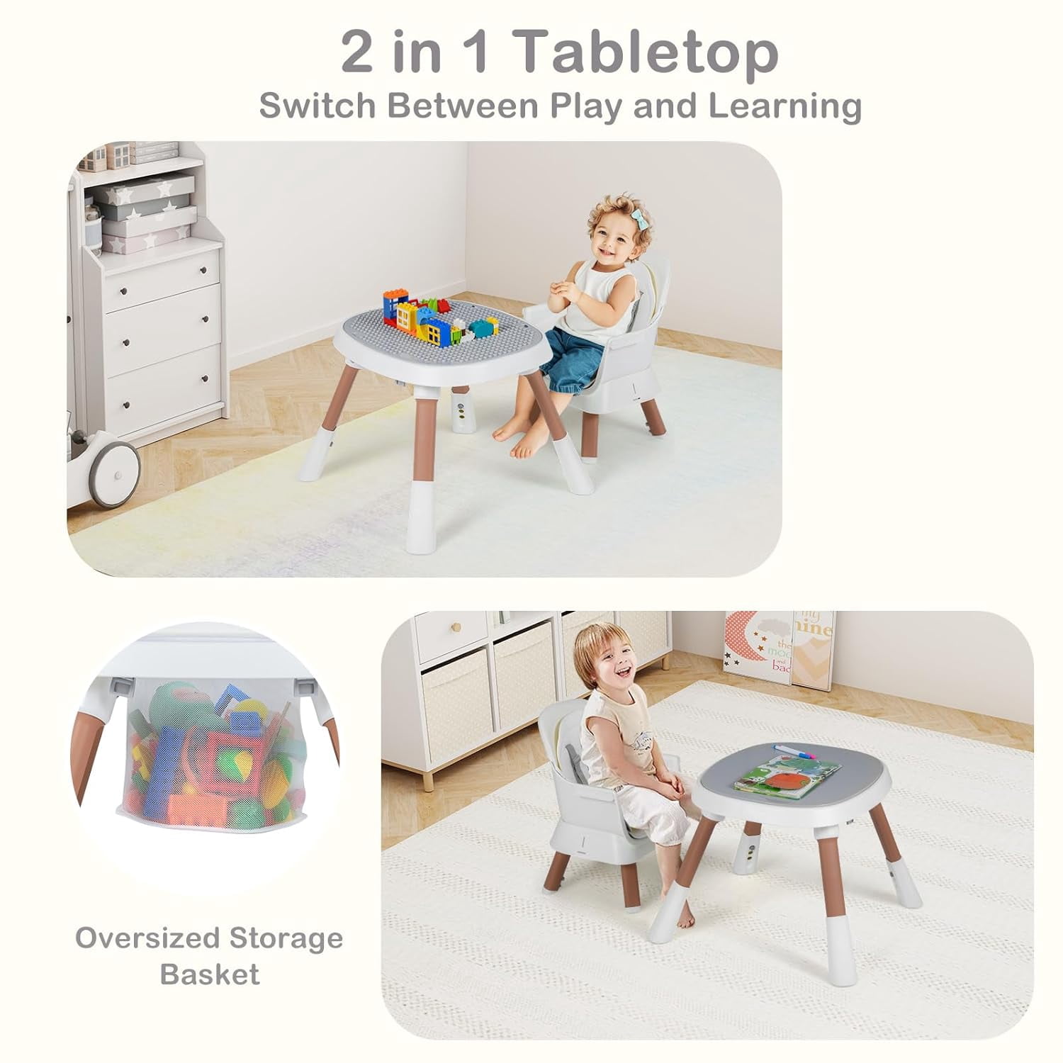 INFANS 9 in 1 High Chair, Convertible Baby Highchair for Babies and Toddlers, Table and Chair Set Building Block Infant Dining Booster Seat, Kids Stool with Activity Children Play Kitchen