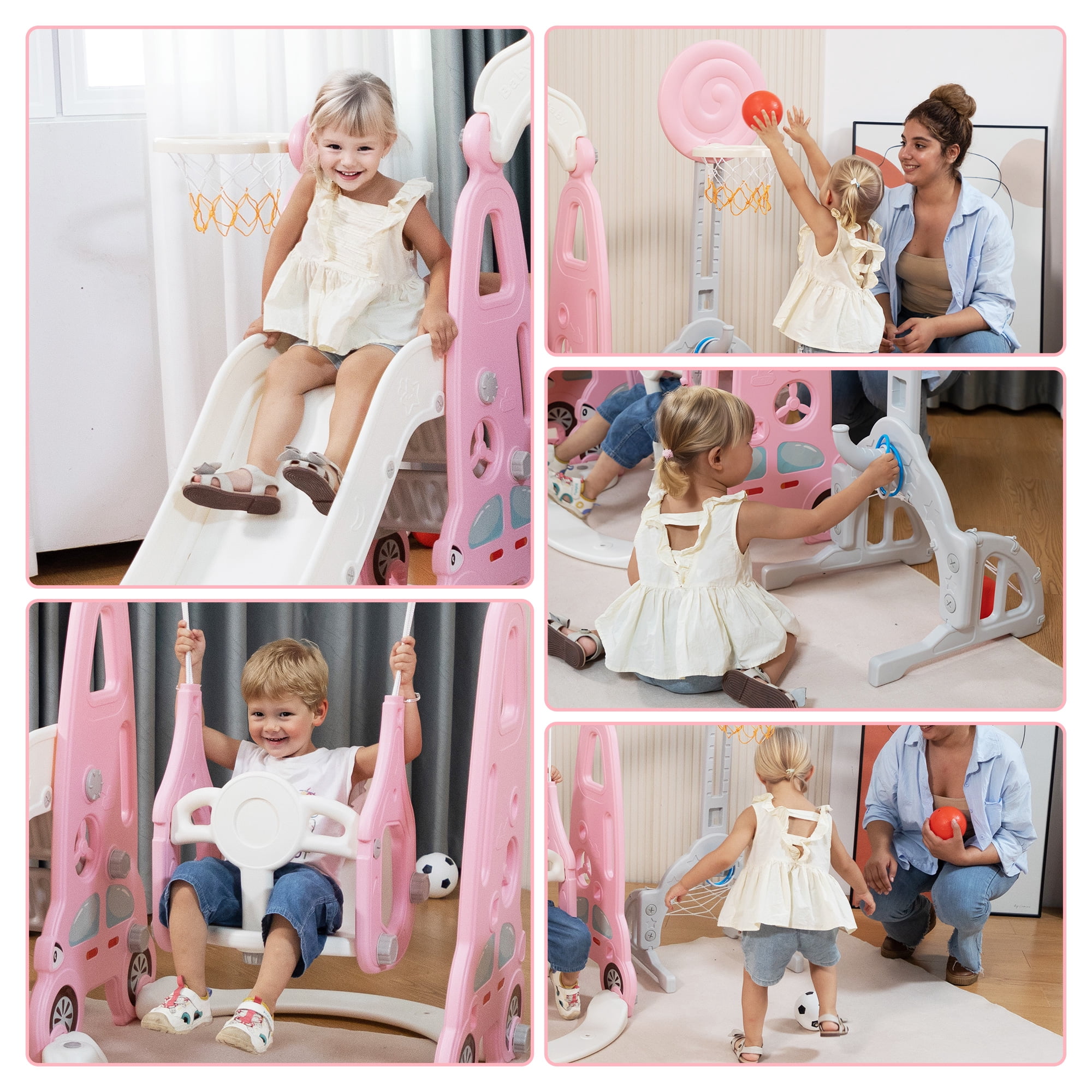 NYEEKOY 6 in 1 Toddler Slide and Swing Set, Indoor and Outdoor Kids Playset with Slide, Swing, Climber, Basketball Hoop and Ring Toss Game, Kids Slide and Swing Playground for Toddlers Age 1-8