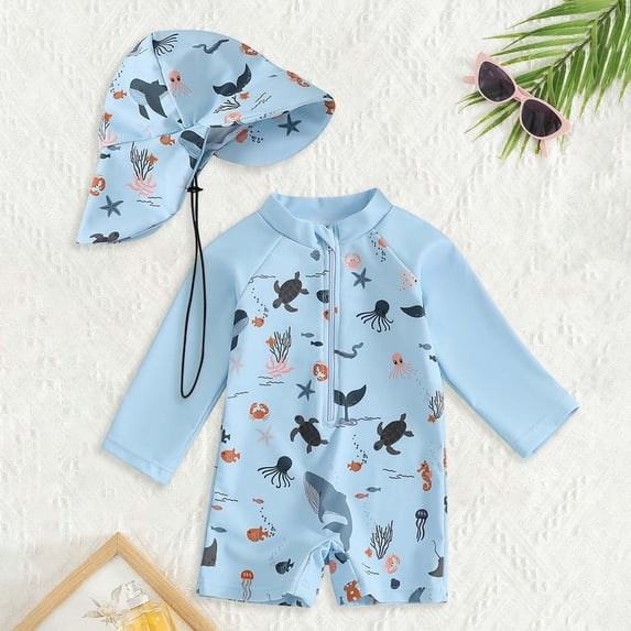 CHENge Baby/Toddler Boy Rash Guard Swimsuit Long Sleeve One Piece Zipper Swimwear Sunsuit Infant Bathing Suit Beachwear with hat,3-6 Months