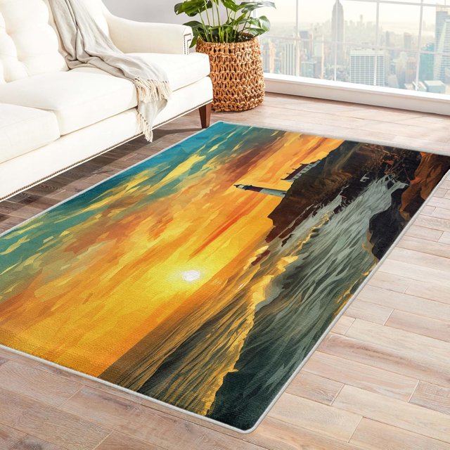 Sunset Rugs for Living Room Bedroom - Lighthouse Rug 6x8 - Ocean Carpet for Home Decor - Washable Non Slip Patterned Indoor Large Area Rug - Soft & Low Pile (ZN&724)