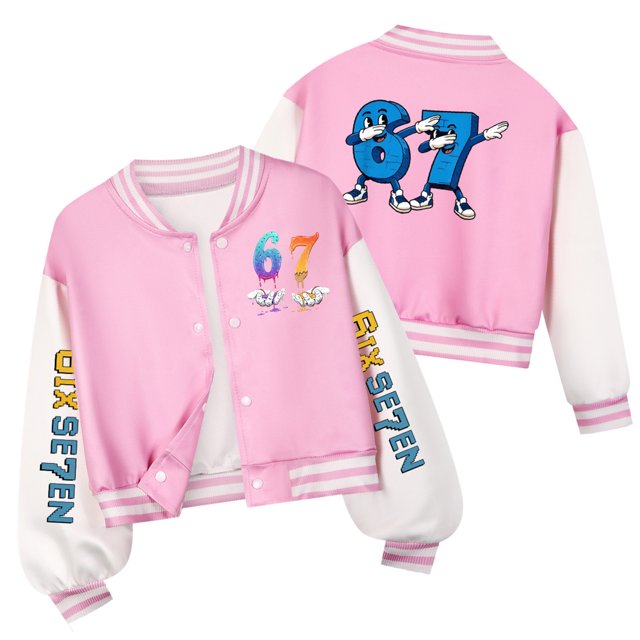 Veste de Baseball à Col Rond Imprimé 67 Mèmes pour Ki-ds, Haut à Manches Longues Décontracté Veste Bomber Ki-ds Vestes de Baseball Ki-ds Fils Fille Ajustée Veste Universitaire Cardigan Léger à Boutons 110 3-4 Ans (Rose)