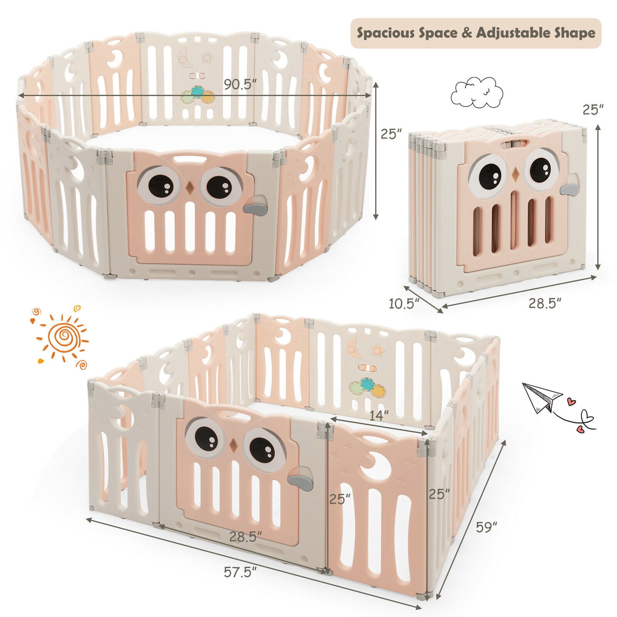 Gymax 14-Panel Baby Playpen Foldable Play Yard Kids Activity Center with Lock Door, Pink
