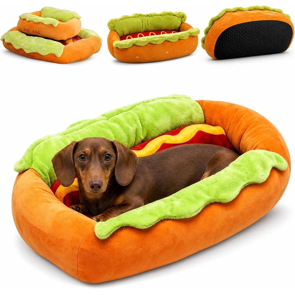 Hot Dog Dog Bed, Detachable and Washable Hot Dog Bed for Dachshund, Soft Plush Pet Bed with Non-Slip Bottom, Cozy Indoor Nest for Cats and Dogs,S-19.7"