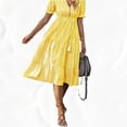 thumbnail image 4 of SnnmBlm Women's Summer Ruffle Puff Sleeve Dress Short Sleeve V Neck High Waist Casual Loose Striped Midi Dresses Yellow M, 4 of 5