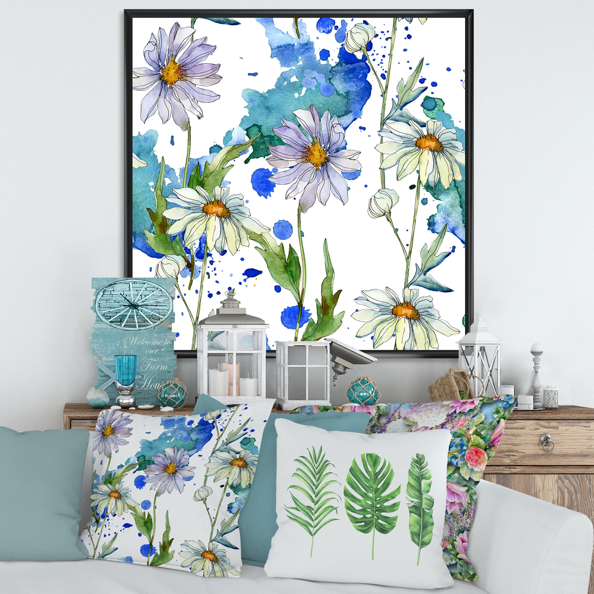 Daisies With Green Leaves and Background 16 in x 16 in Framed Painting Canvas Art Print, by Designart