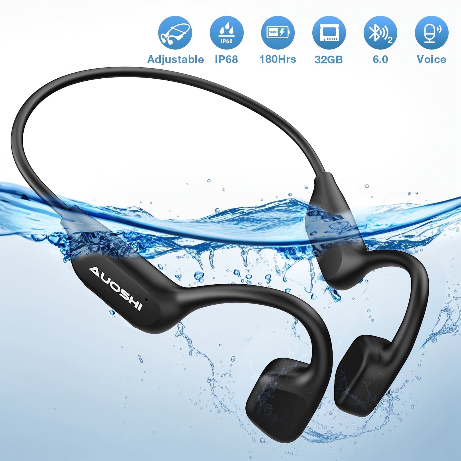AUOSHI Bone Conduction Headphones with 32GB Built-in Storage, Bluetooth 6.0 Headphones, IPX8 Waterproof Swimming Headphones for Running, Cycling, and Workout, Black