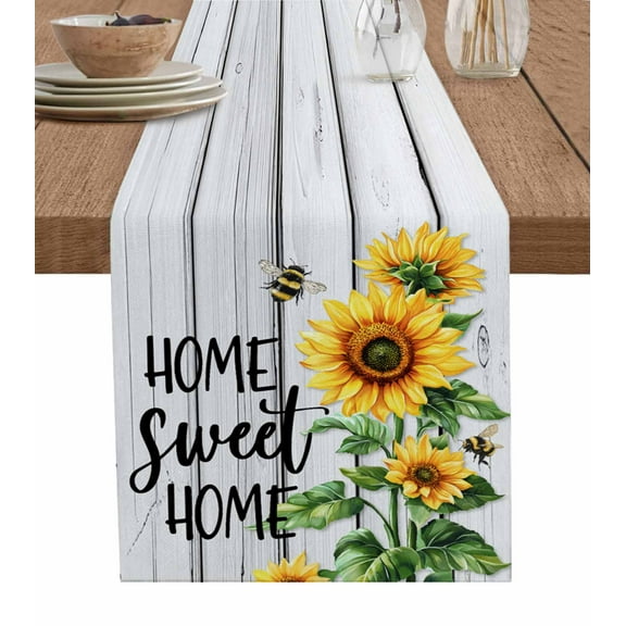 Yellow Sunflower Table Runner Cotton Linen 48 Inch Holiday Dresser Scarves, Bee Wooden Grain Country Farmhouse Tablerunner for Kitchen Coffee Dining Bedroom Living Room Dinner Scarf Décor 13''x48''