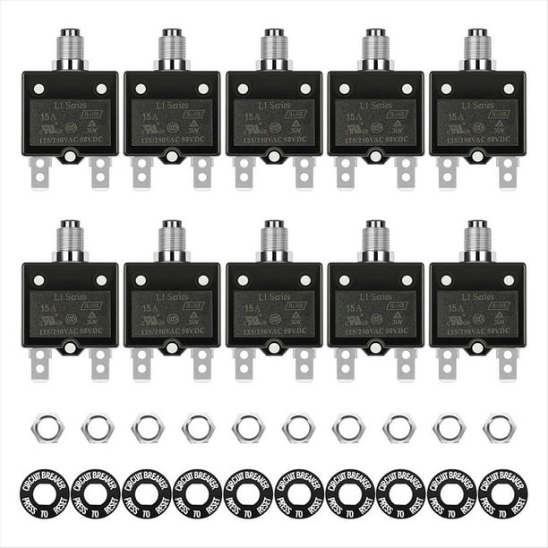 Disyuntor Eléctrico de Botón de 15 A, 125/250 V CA, 50 V CC, Circuito Térmico, Serie L1 con Botón de Reinicio Manual L1-15A