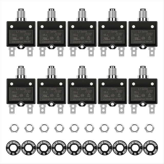 Disyuntor Eléctrico de Botón de 15 A, 125/250 V CA, 50 V CC, Circuito Térmico, Serie L1 con Botón de Reinicio Manual L1-15A