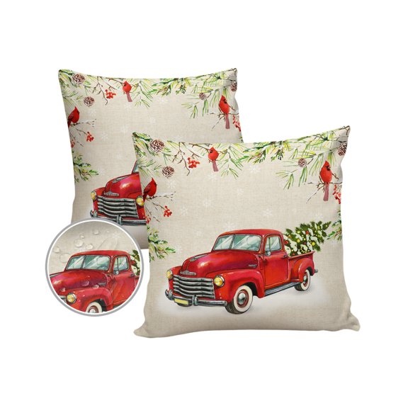 Pack of 2 Outdoor Pillow Covers, Merry Christmas Red Vintage Truck Tree Xmas Berries Pine Waterproof Square Throw Pillowcase Cushion Decorative Pillow Covers for Couch Patio Tent, 18x18 in