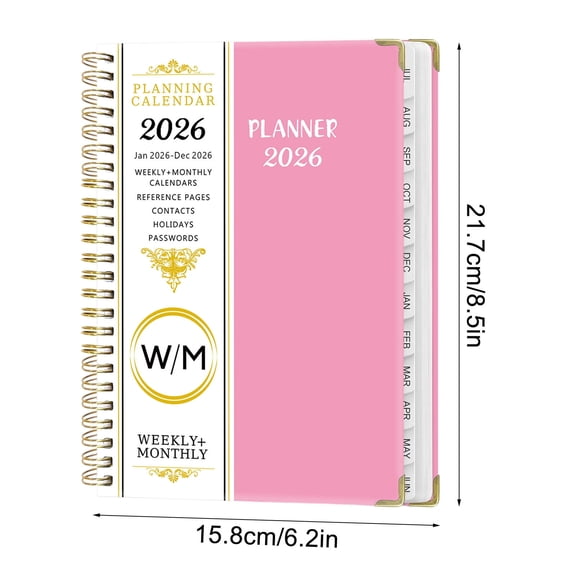 Pink 2026 Monthly Planner Notebook A5 Size With Dividers Coil Binding Calendar Schedule Book For Students A