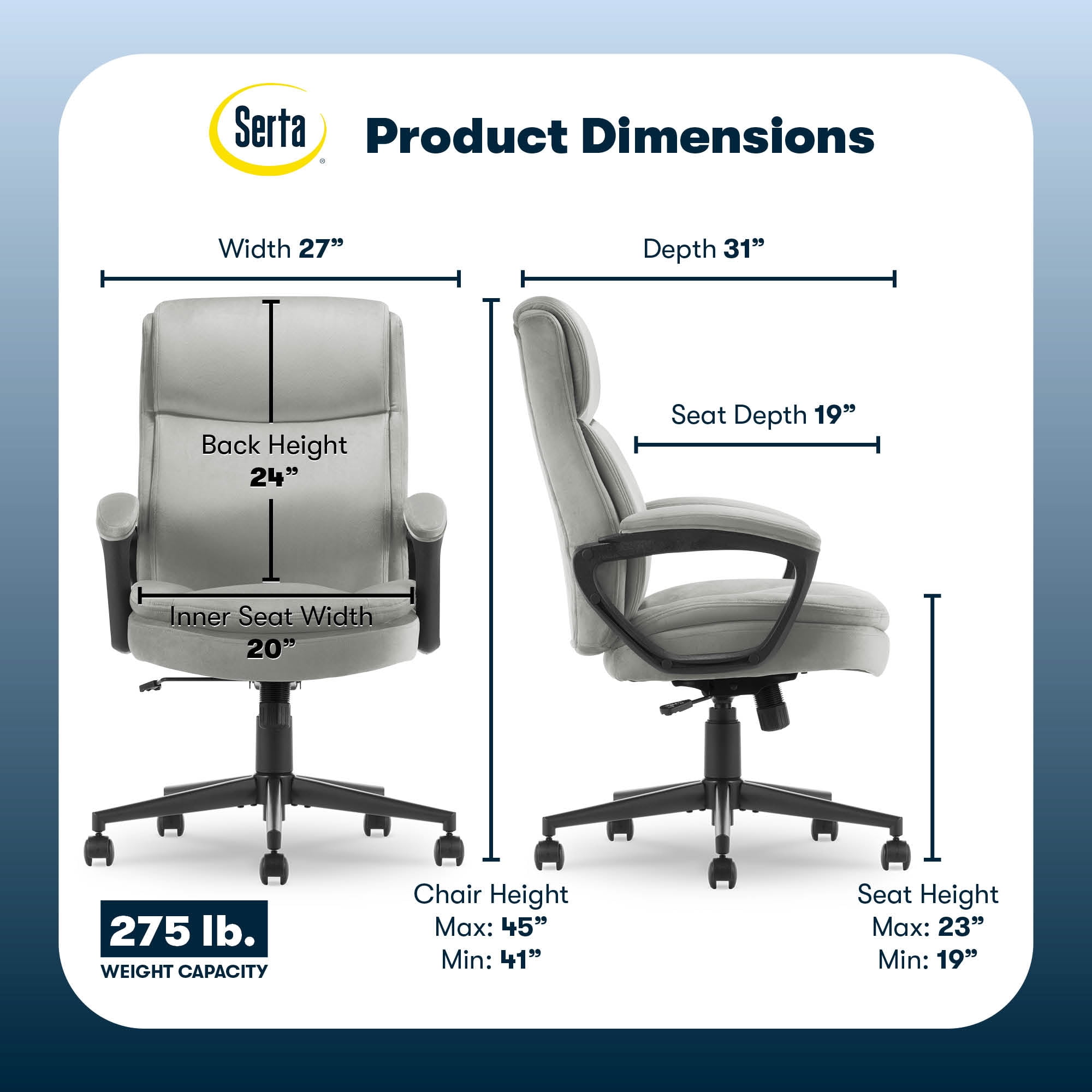 Serta Comfort Ergo Executive Office Chair, Ergonomic Mid-Back Design with Lumbar Support, Soft Velvet, Gray