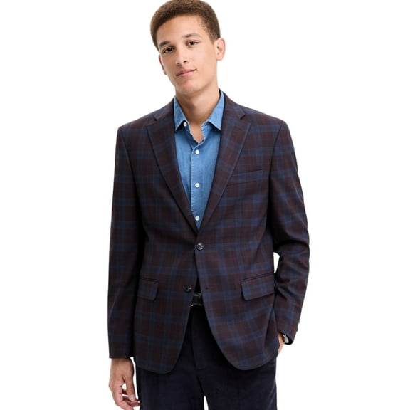 Tommy Hilfiger Mens Modern fit Sport Coat Blazer 46 R Burgundy Red Plaid Stretch