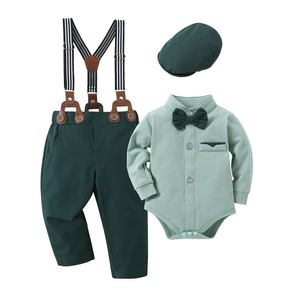 CARETOO Baby Boy Clothes Suits Romper Suspender Pants Beret Hat Bow Tie 3-18M Gentleman Outfits 4pcs