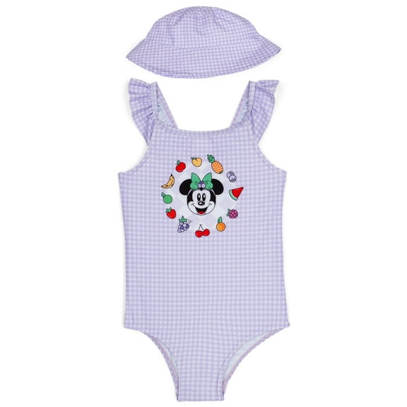 Disney Minnie Mouse Square Neck Racerback One Piece Bathing Suit and Bucket Sun Hat UPF 50  Swim Set Gingham Infant to Toddler
