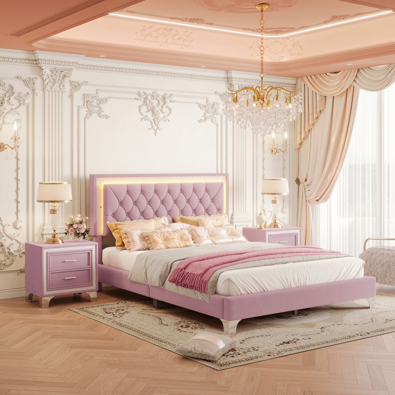 3-Pieces Bedroom Sets, Queen Size Upholstered Platform Bed with LED Lights Headboard and Two Nightstands for Living Room, Pink