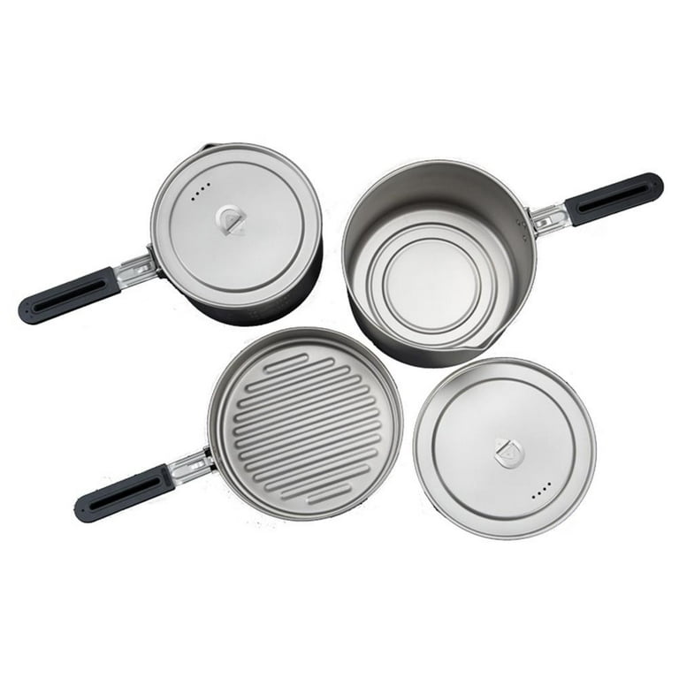 COOK'N'ESCAPE Titanium Camping Cooking Pot, Camping Cookware Set with Folding Handle,Compact Frying Pan Open Over Fire Cooking for Outdoor