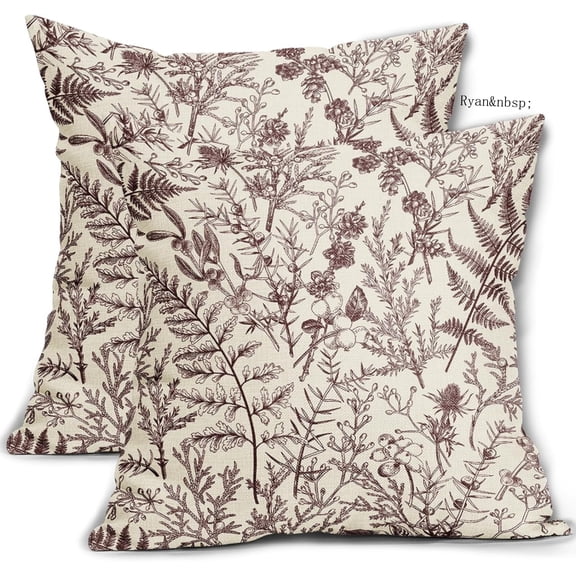 Ryan  Burgundy Floral Pillow Covers Set of 2, 18x18 in, Botanical Print Vintage Spring Flower Plant Cream Decorative Throw Pillow Cases Outdoor Farmhouse Cushion Covers Decor for Sofa Couch Bed