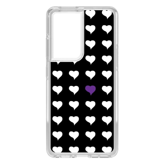 DistinctInk Clear Shockproof Hybrid Case for Galaxy S21 ULTRA 5G (6.8" Screen) - TPU Bumper, Acrylic Back, Tempered Glass Screen Protector - Purple White Black Repeating Hearts