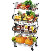 BATE 4 Tier Fruit Vegetable Baskets for Kitchen, Stackable Wire Storage Basket Cart with Wheels Black