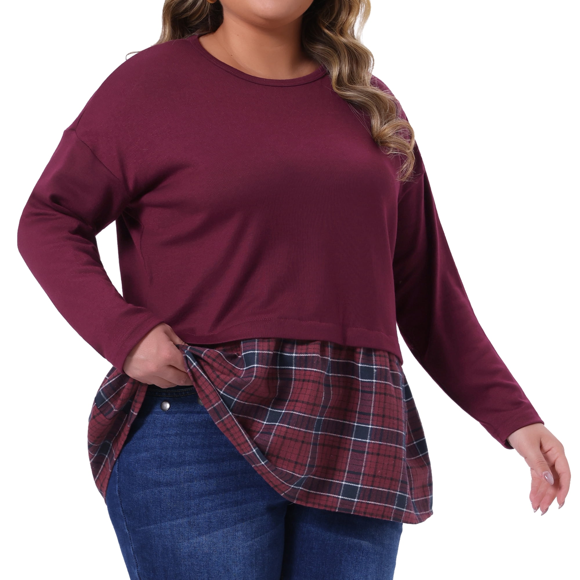 DARING DIVA Women's Plus Long Sleeve T Shirt Tops Patchwork Blouse 2X Burgundy