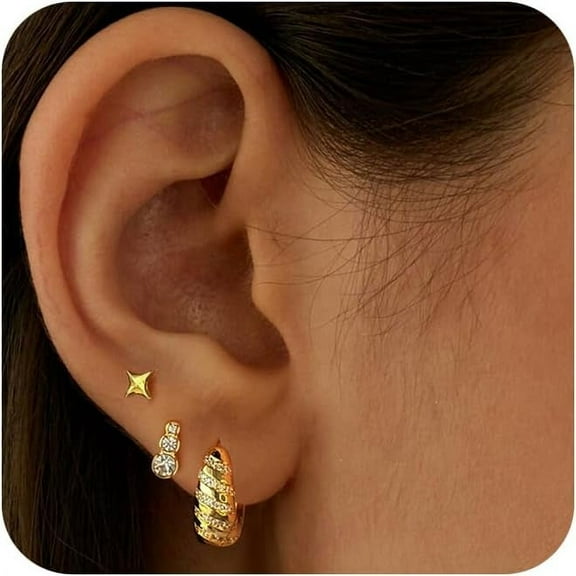 Tilga Gold Hoop Earrings Set for Women - 14K Gold/White Gold Plated Huggie Hoops, Cubic Zirconia Studs, Chunky Open Hoops - CZ Jewelry Gifts