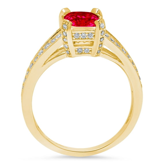 2.45 ct Emerald Cut Simulated Ruby Solitaire with Accents Engagement Ring for Women in 18K Yellow Gold