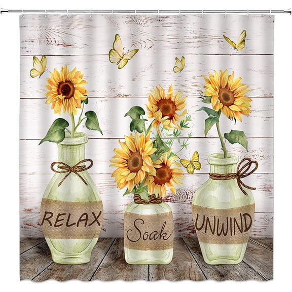 Farmhouse Sunflower Shower Curtains Rustic Floral Butterfly Fabric Bathroom Curtains Decor Set with Hook(36" WX72 H)