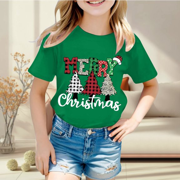 CONFREE Merry Christmas Girls Short Sleeve Tshirts Crew Neck Xmas Letter Graphic Casual T-Shirt for Kids