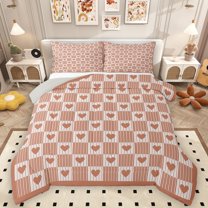 Homewish Geometric Plaid Stripes 3-Piece Full Size Comforter Sets For Kids Boys Girls,Love Heart Print Bedding Comforter Set,Abstract Minimalist Lightweight Bedding Sets,Lightweight Room Decor