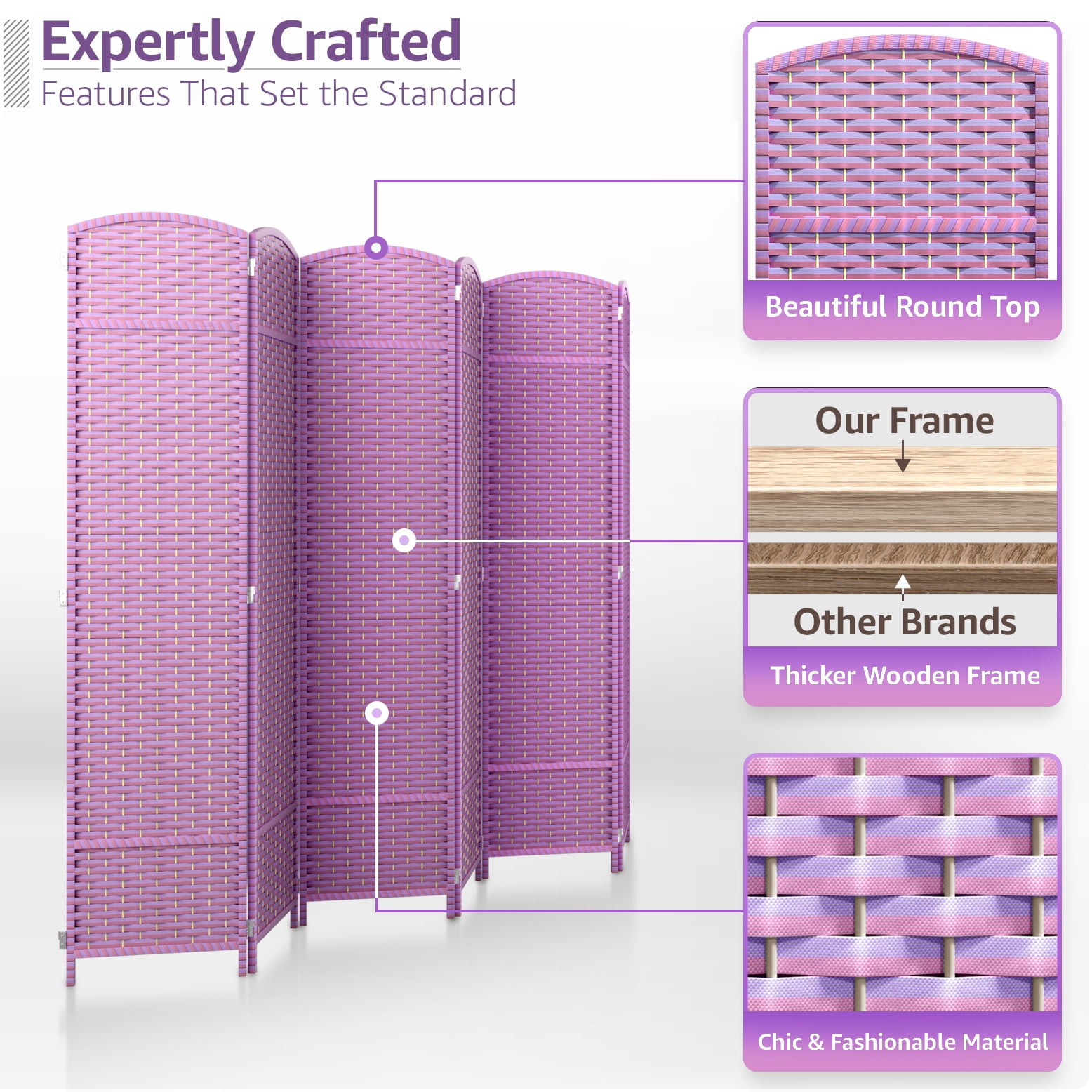 Sorbus 6-Panel Extra-Wide Folding Room Divider Privacy Screen, Hand-Woven Purple Mesh