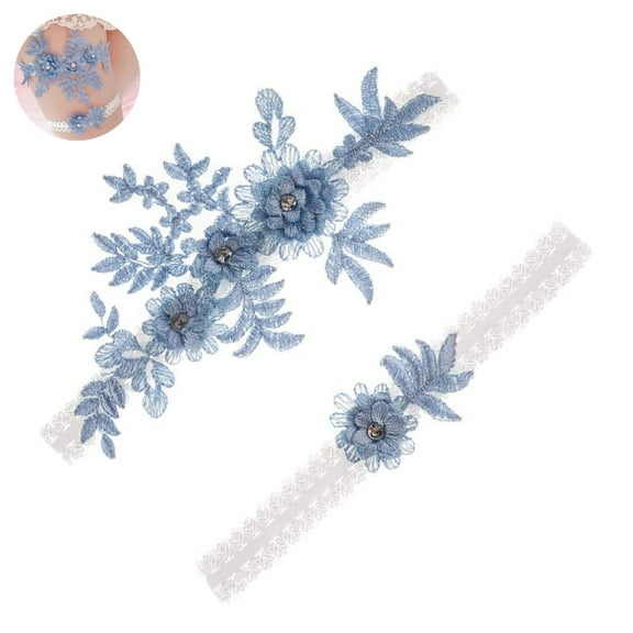 2 pcs Wedding Garters Set Lace Bridal Garter Stretchy Floral Garter for Bride Blue and White