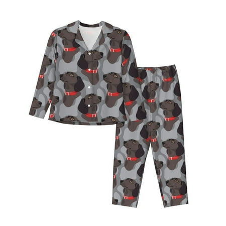 2 Piece Womens Pajama Sets - Cute puppy black A Soft Sleepwear Comfy Pajamas Ladies Pj Lounge Sets with Pockets  Long Sleeve Button Shirt and Pajama Pants Pjs Sets for Women