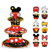 Mickey Themed 3-Tier Dessert Cupcake Stand with Cupcake Toppers and Wrappers Paper Wraps，Cake Decorative Serving Tray Stand Cardboard Cupcake Tower for Party Decorations.
