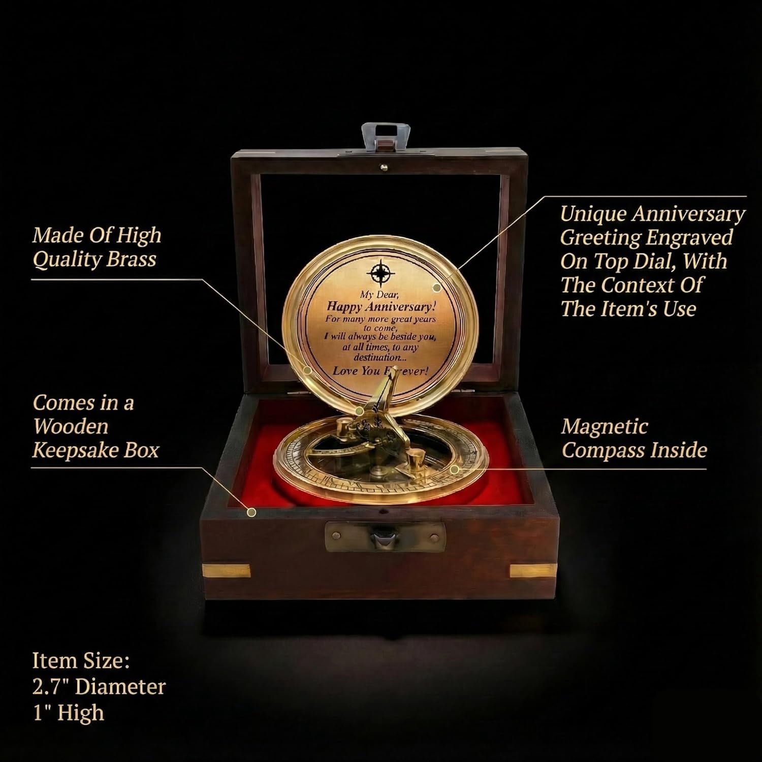 OakiWay Brass Sundial Compass Anniversary Gift for Husband,- Unique & Unusual Present Idea for Men, - Gift Card Included