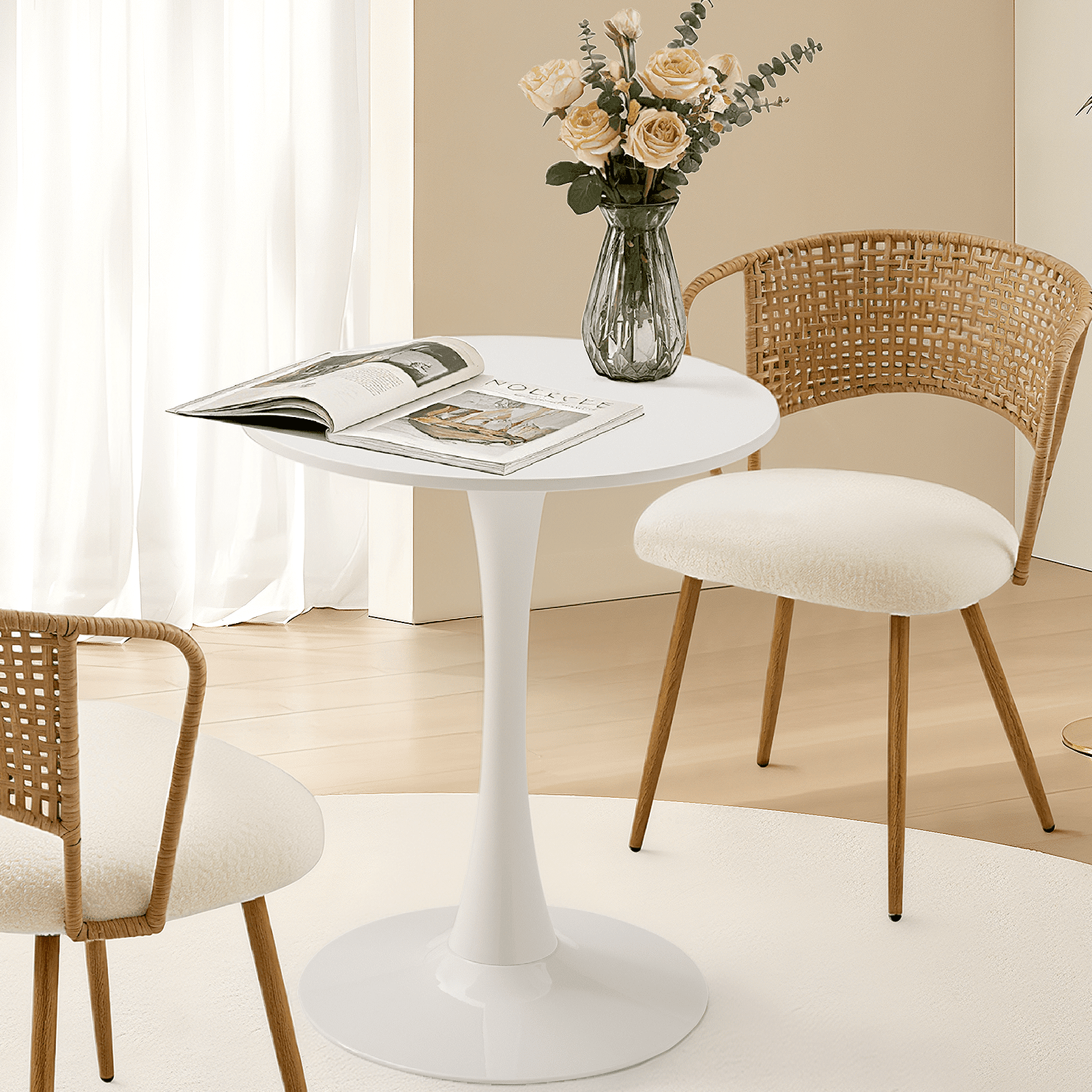 Round Dining Table 24 Inch with Tulip Pedestal Base, Modern Bistro Table and Kitchen Table for Small Spaces, White
