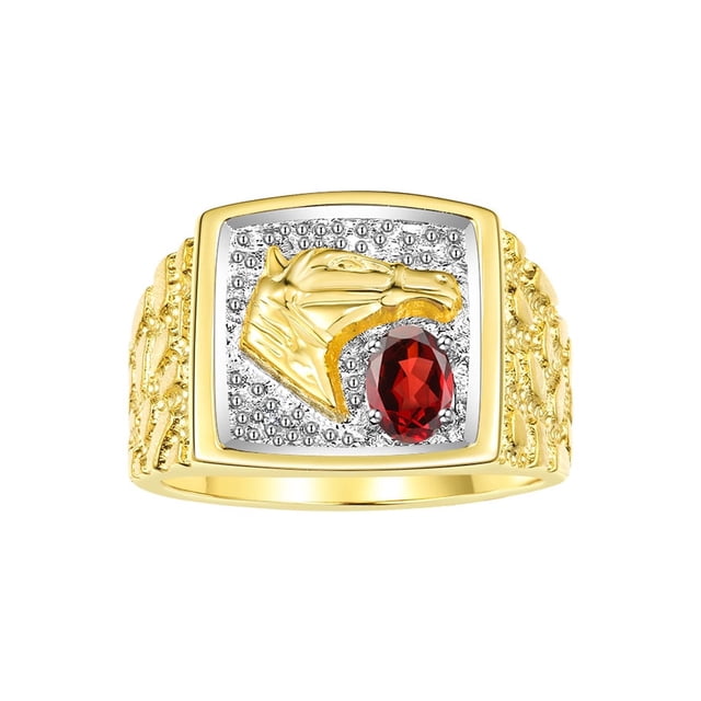RYLOS Men's Rings 14K Yellow Gold Rings Lucky Nugget Horse Head 6X4MM Oval Gemstone & Diamond Ring Garnet January Birthstone Rings For Men Size 12