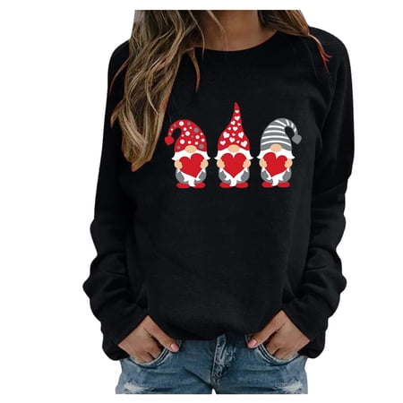 ZHOUCHANKIDS Women s Valentine Graphic Loose Fit Sweatshirt Classic Printed Long Sleeve Winter Blouse Casual Top Black S