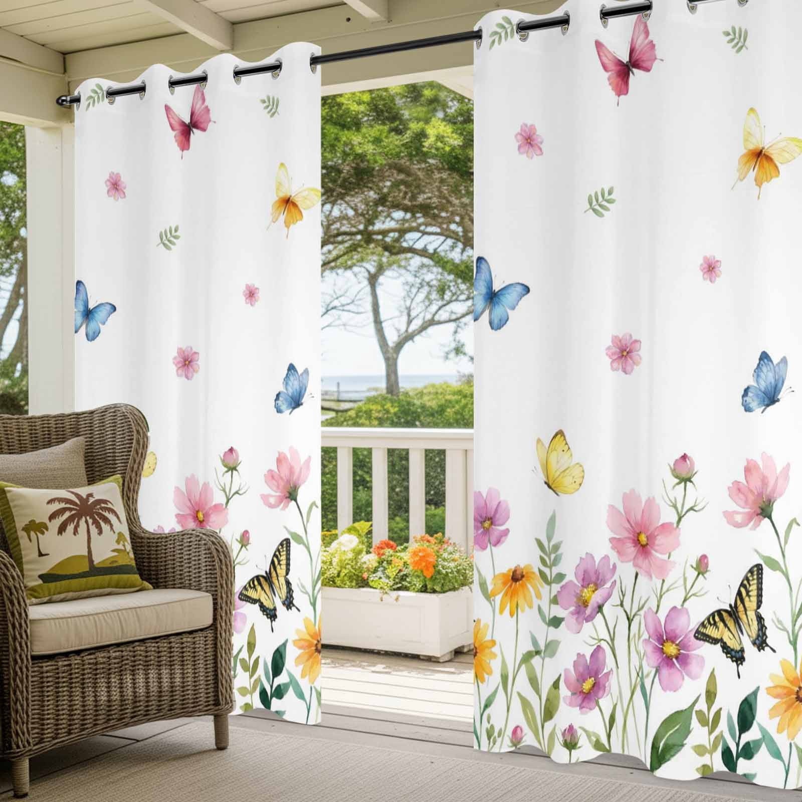 Summer Flower Outdoor Curtains for Patio, Rustic Pink Floral Color Butterfly Farmhouse Country Sunshade Privacy Drapes Grommet Waterproof Outside Curtains for Porch/Cabana/Balcony 54"x 95", 1 Panel